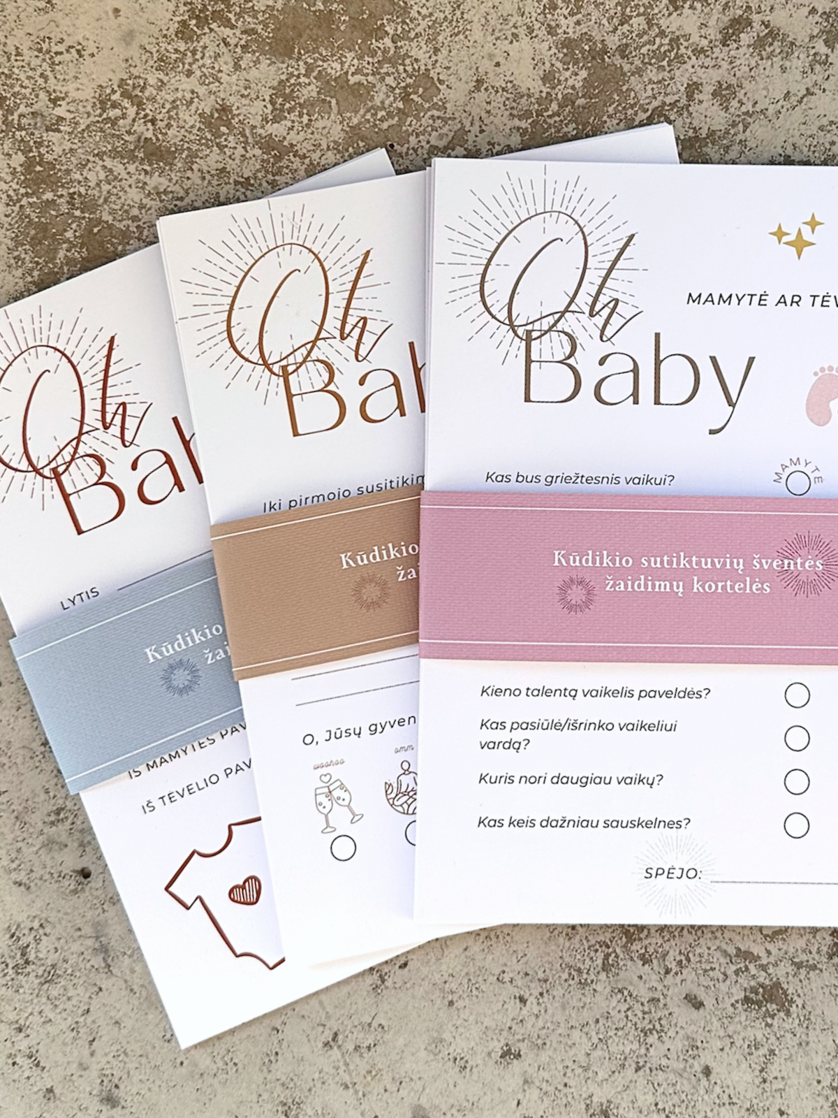 3 žaidimų rinkinys Baby Shower (kūdikio sutiktuvių) šventei OH BABY!