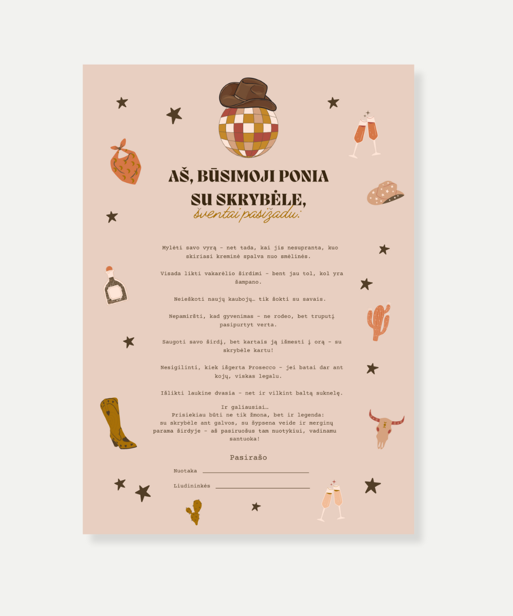 Kaubojiška mergvakario priesaika „Yeehaw, būsima žmona!“