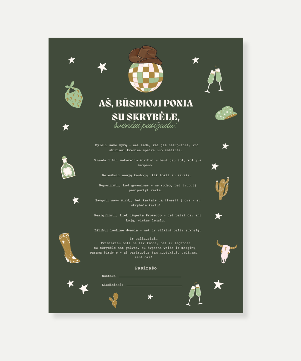 Kaubojiška mergvakario priesaika „Yeehaw, būsima žmona!“