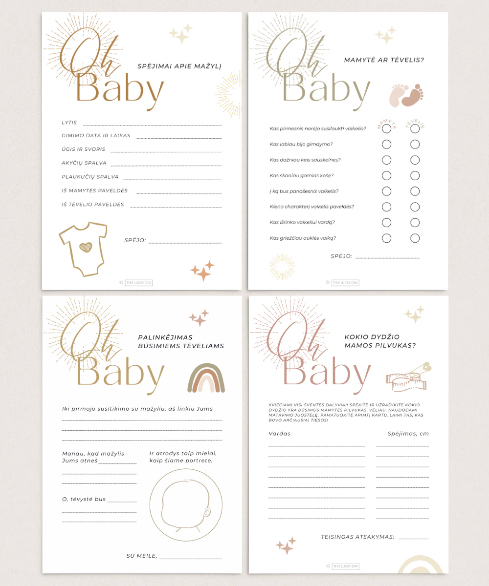 Kūdikio sutiktuvių žaidimų rinkinys "OH BABY", PDF, 4 vnt.