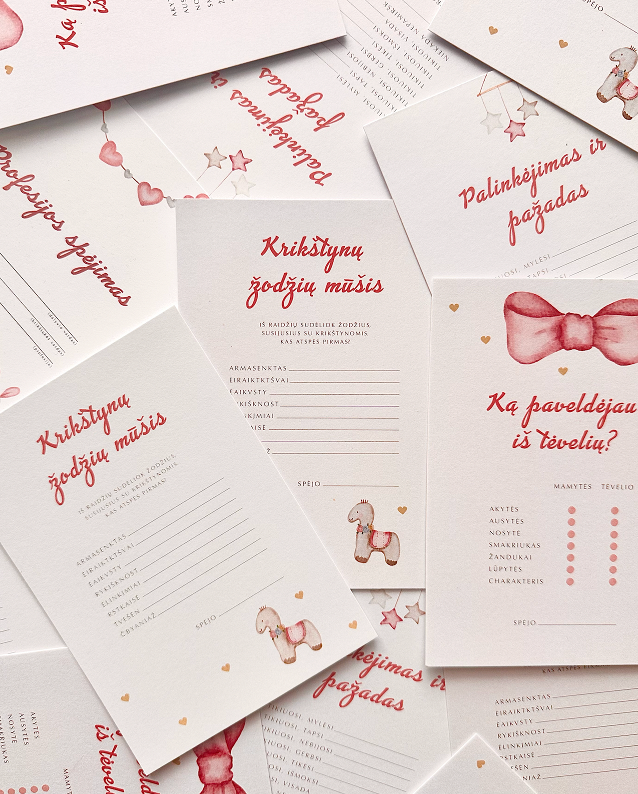 Žaidimų kortelės krikštynoms Palinkėjimas ir pažadas, Ką paveldėjau iš tėvelių, Žodžių mūšis, profesijos spėjimas mergaitėms
