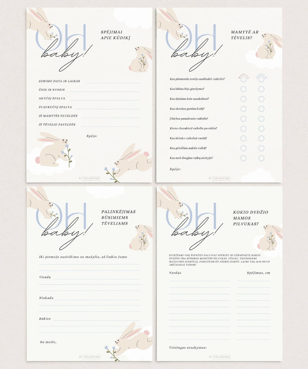 Kūdikio sutiktuvių žaidimų rinkinys "BABY BUNNY BLUE", PDF, 4 vnt.