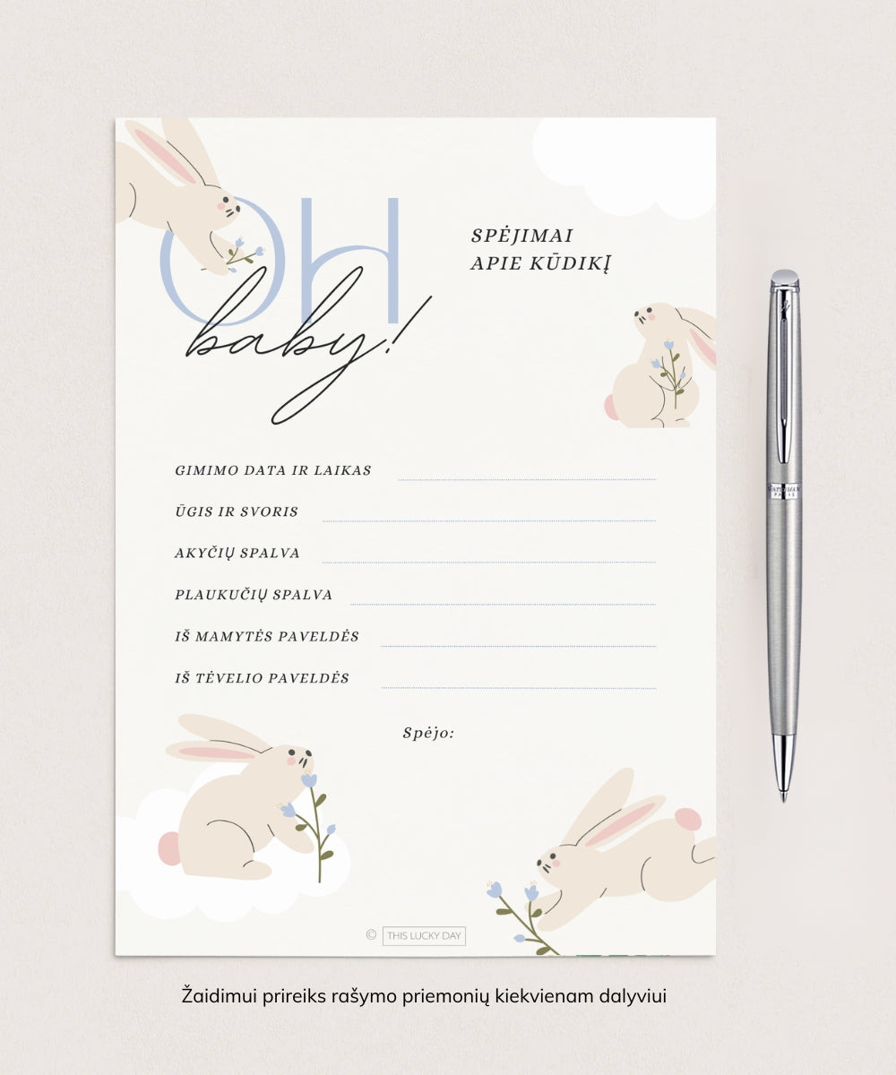 Kūdikio sutiktuvių žaidimų rinkinys "BABY BUNNY BLUE", PDF, 4 vnt.