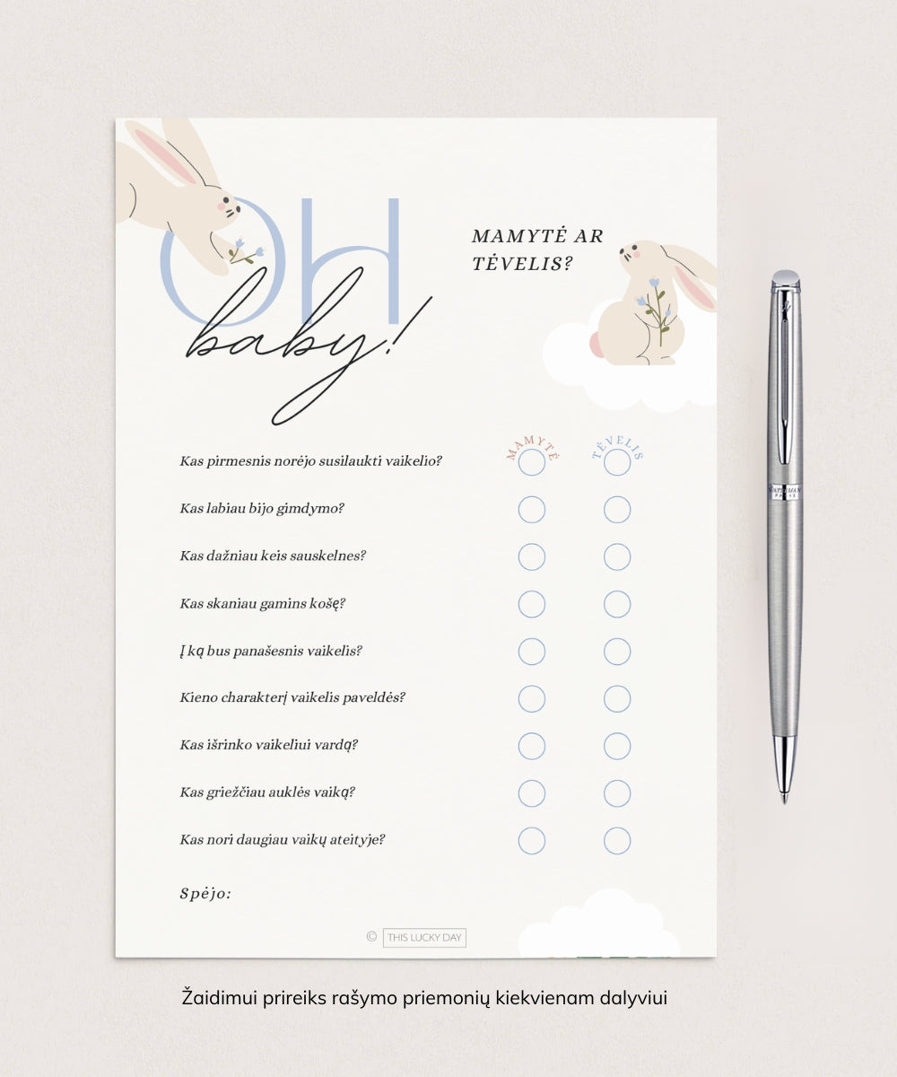Kūdikio sutiktuvių žaidimų rinkinys "BABY BUNNY BLUE", PDF, 4 vnt.