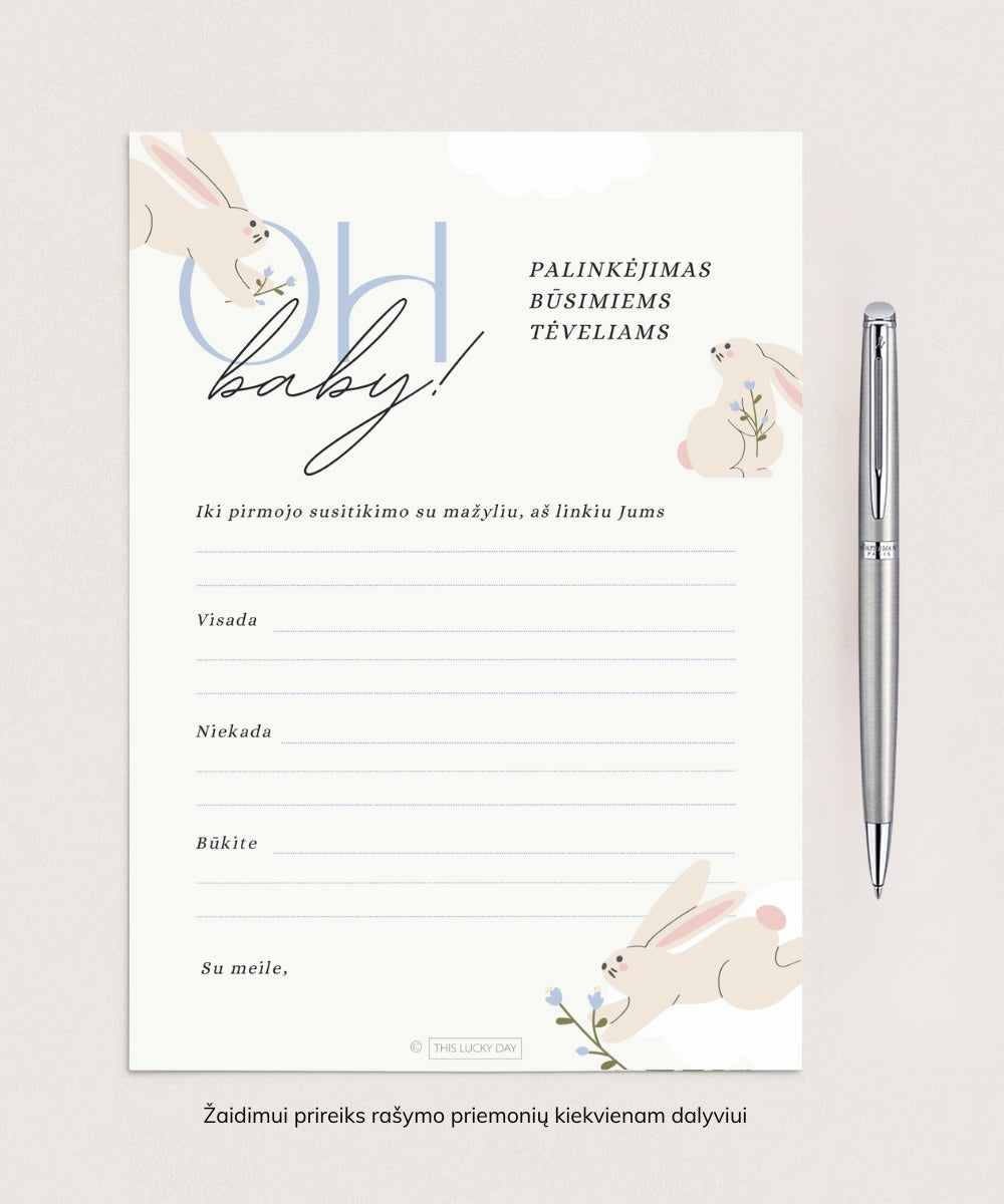 Kūdikio sutiktuvių žaidimų rinkinys "BABY BUNNY BLUE", PDF, 4 vnt.