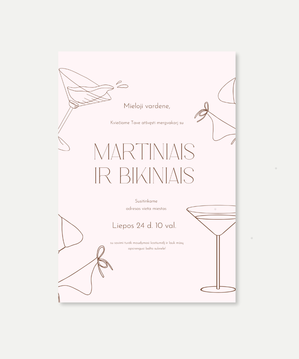 Pakvietimas į mergvakarį. Rinkinys "PINK MARTINIAI IR BIKINIAI"