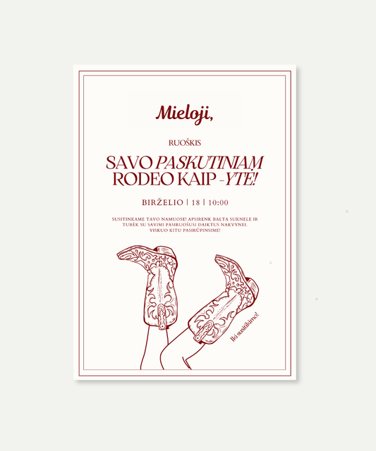 PDF kvietimas į mergvakarį "PASKUTINIS RODEO"