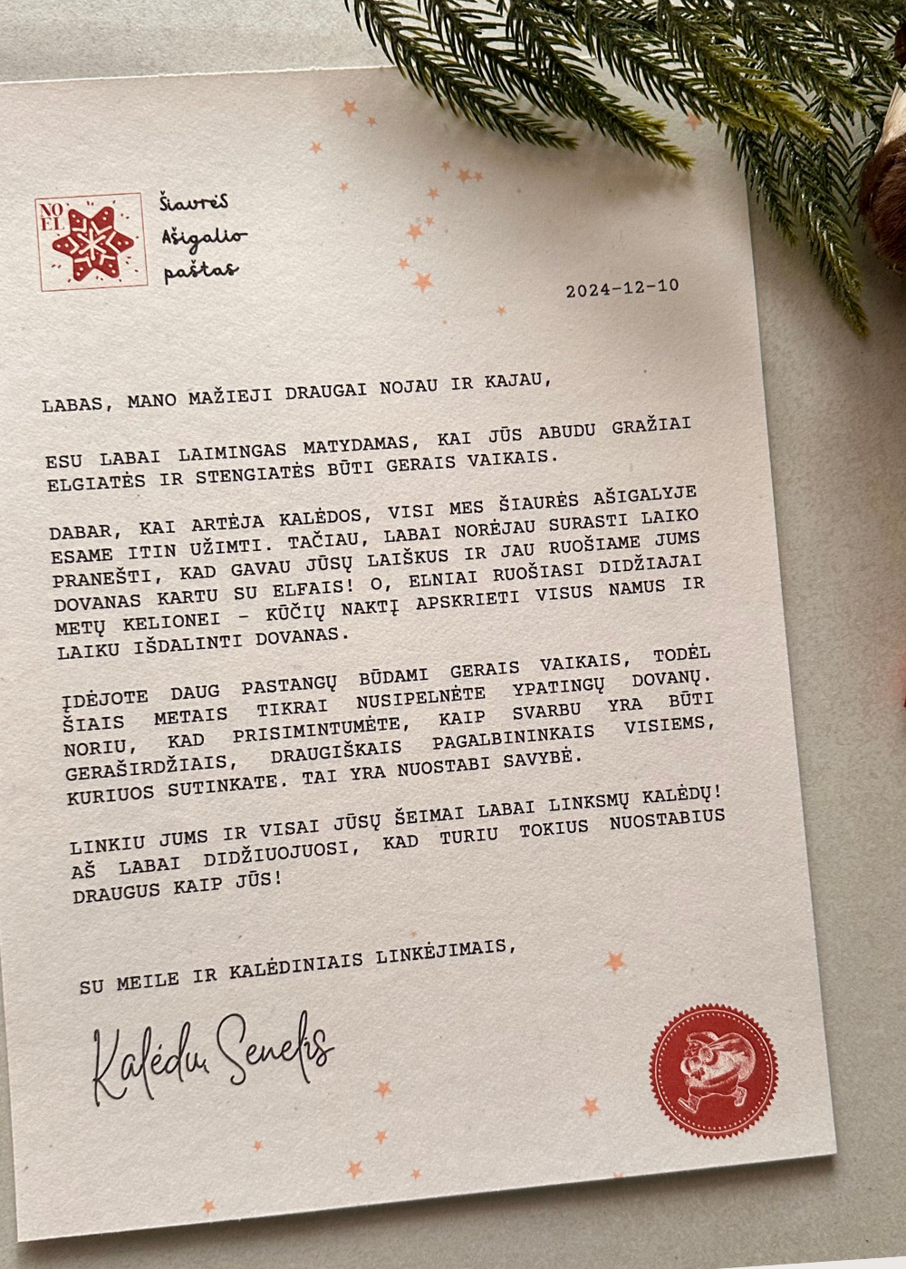 Laiškas Kalėdų Seneliui ir personalizuotas atsakymas