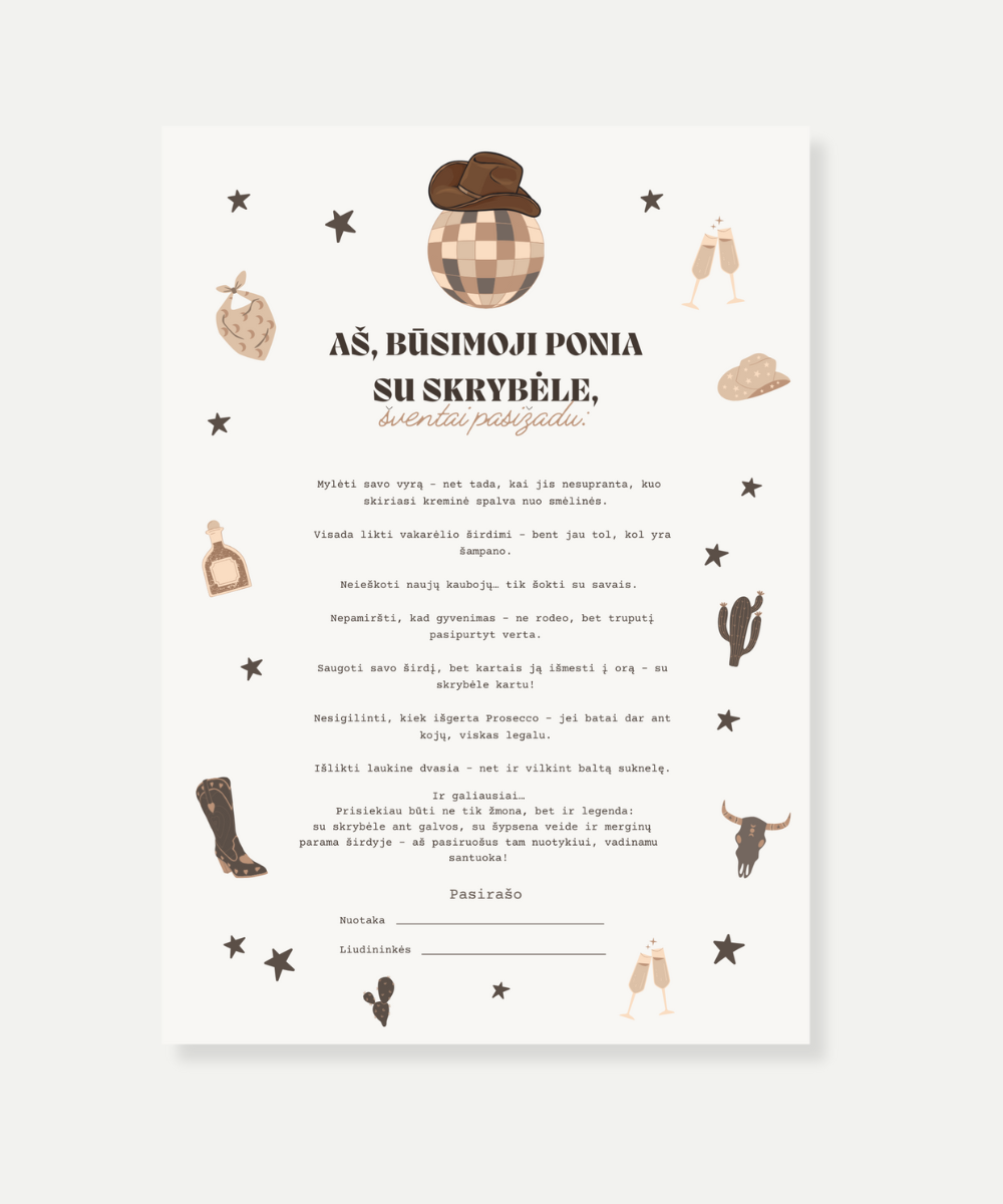 Kaubojiška mergvakario priesaika „Yeehaw, būsima žmona!“