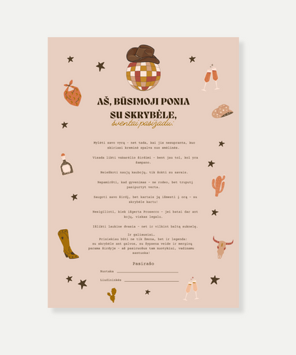 Kaubojiška mergvakario priesaika „Yeehaw, būsima žmona!“