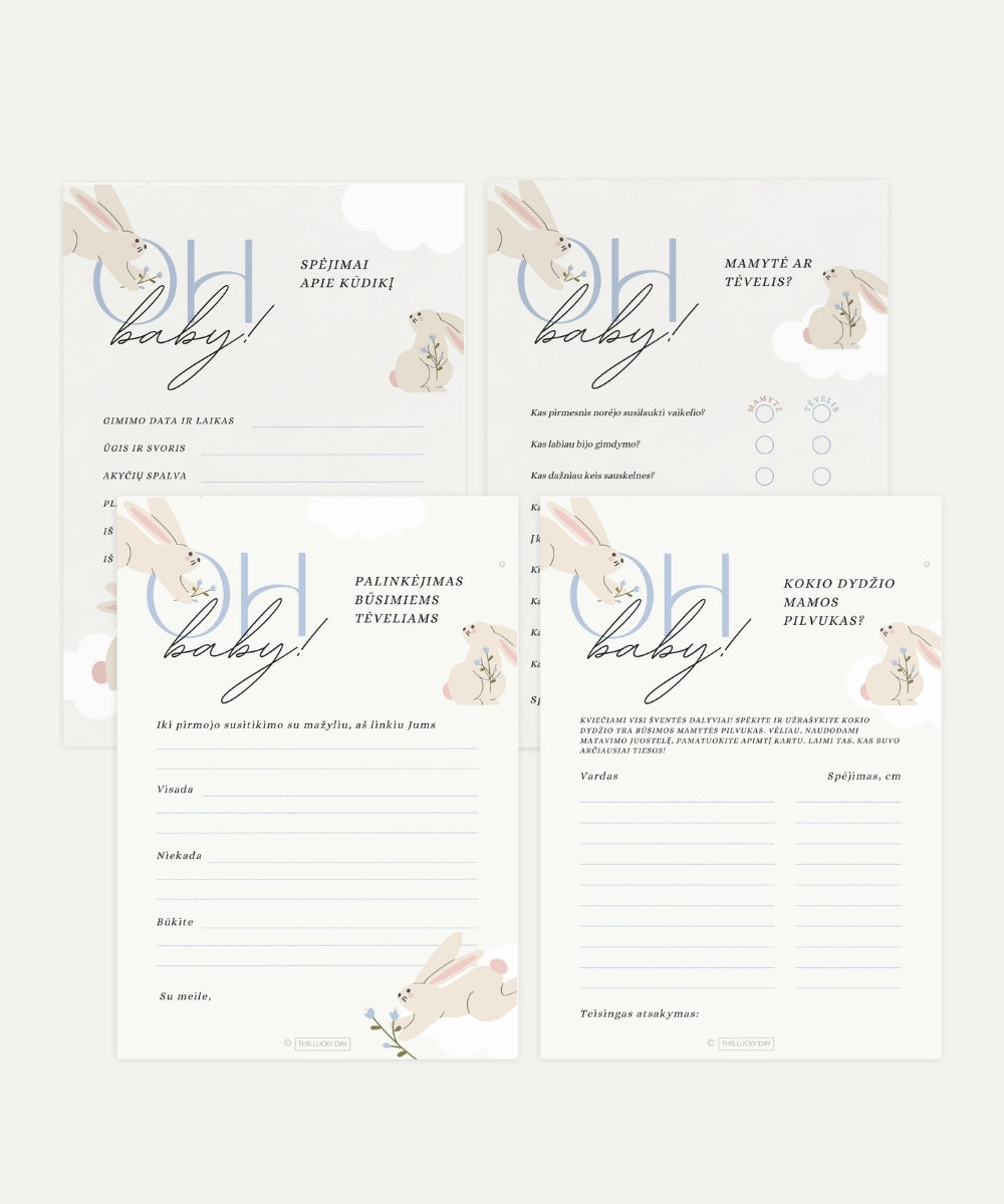 Kūdikio sutiktuvių žaidimų rinkinys "BABY BUNNY BLUE", PDF, 4 vnt.