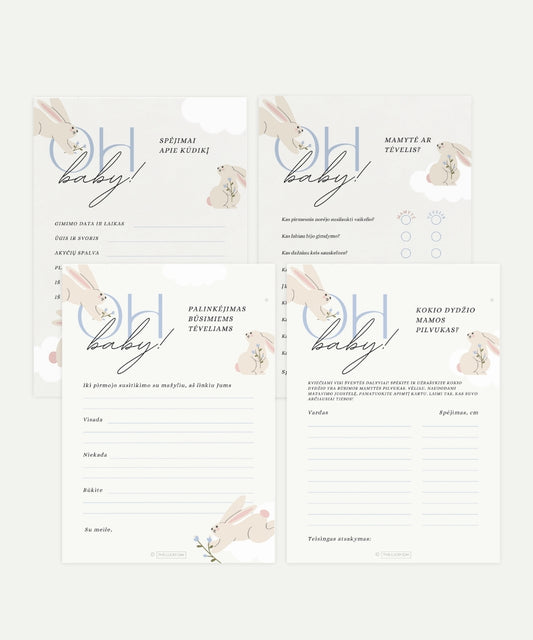 Kūdikio sutiktuvių žaidimų rinkinys "BABY BUNNY BLUE", PDF, 4 vnt.