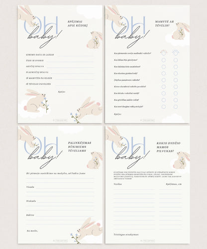Kūdikio sutiktuvių žaidimų rinkinys "BABY BUNNY BLUE", PDF, 4 vnt.