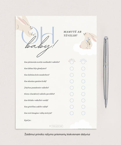 Kūdikio sutiktuvių žaidimų rinkinys "BABY BUNNY BLUE", PDF, 4 vnt.