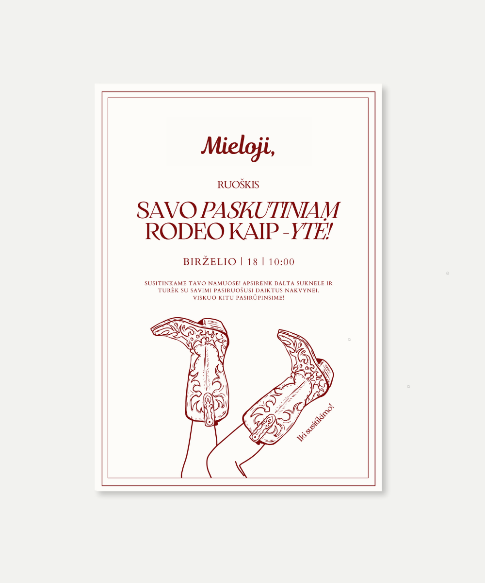 PDF kvietimas į mergvakarį "PASKUTINIS RODEO"
