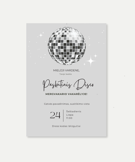 PDF kvietimas į mergvakarį "PASKUTINIS DISCO"
