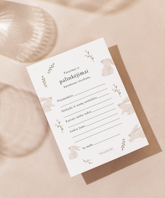 Patarimų ir palinkėjimų kortelės kūdikio sutiktuvių (Baby Shower) šventei su zuikučiais